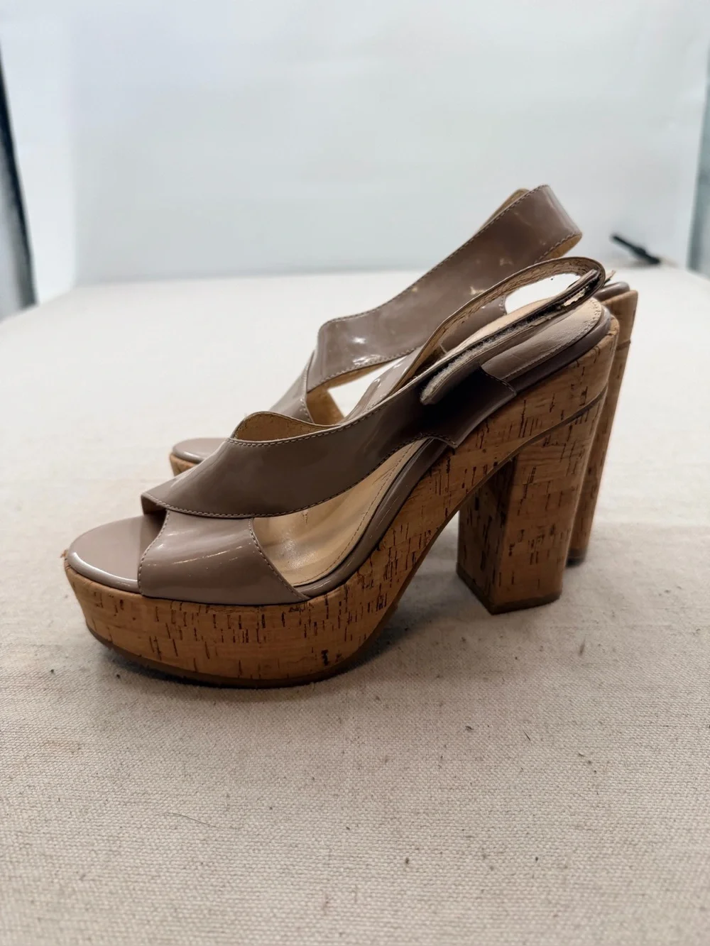 Calvin Klein Neutral Patent Cork Platform Sandals